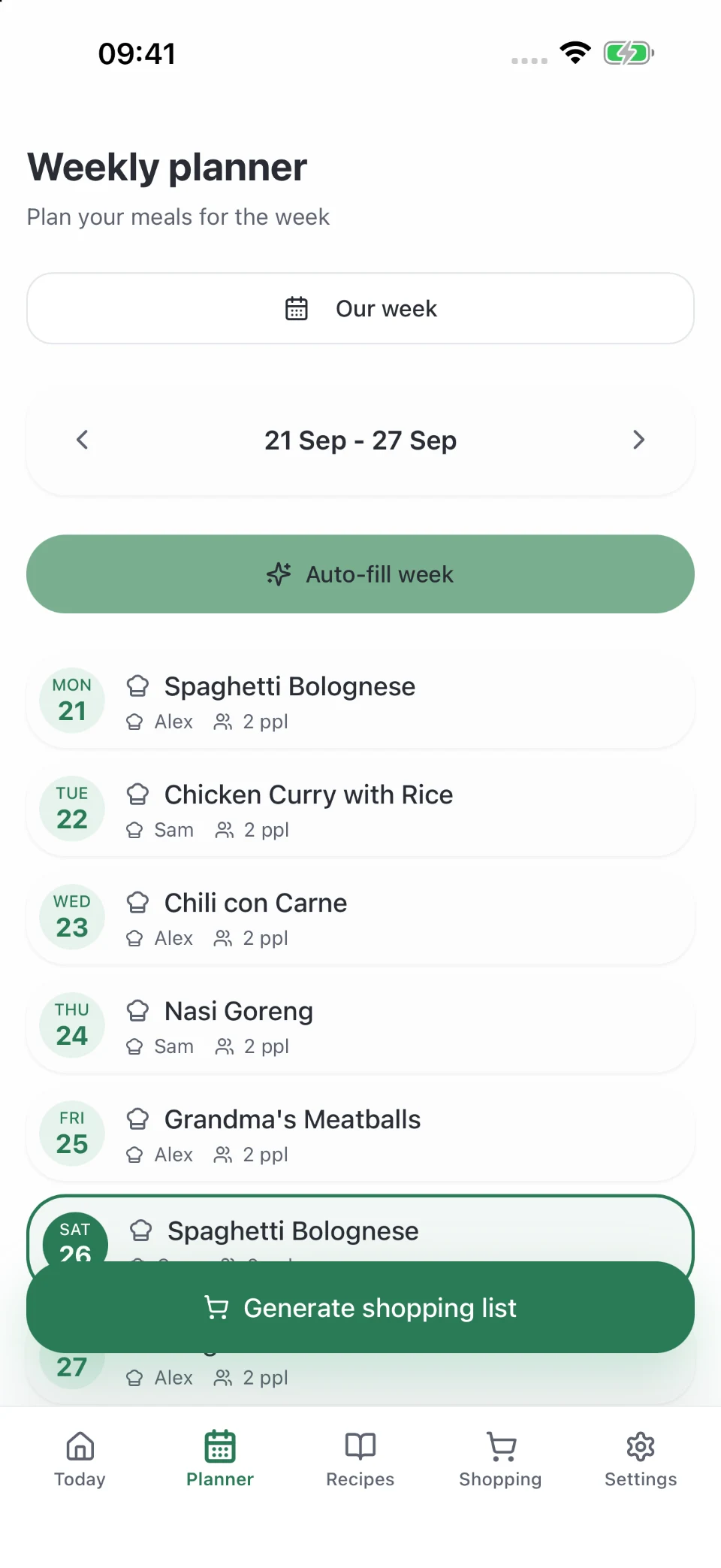 A populated weekly meal plan in Platoo