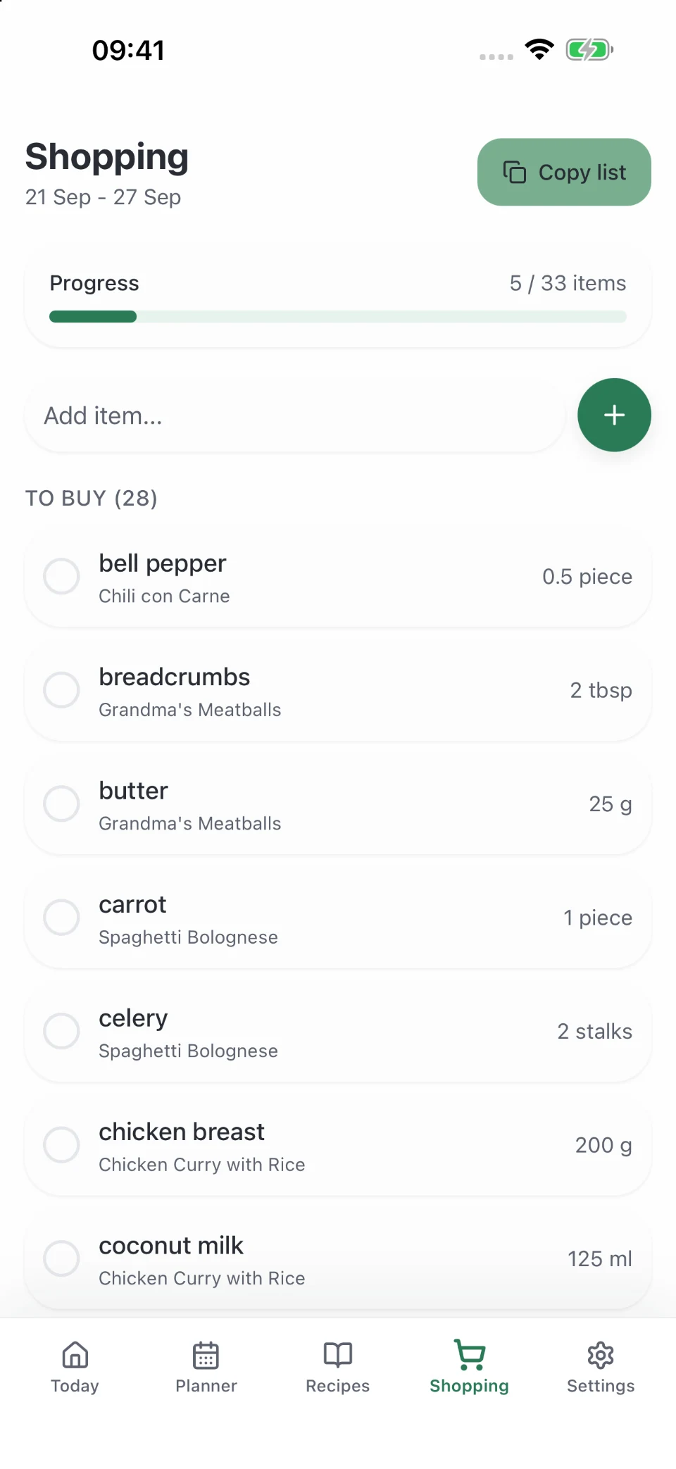 Detail of the matching shared shopping list in Platoo